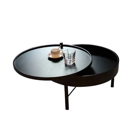 Modern Round Wood Rotating Tray Coffee Table With Storage And Metal Legs In Black Living Room