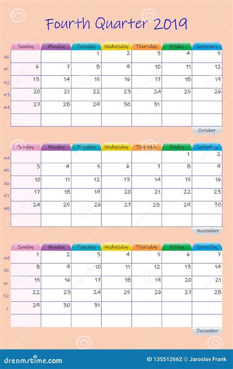 Vertical Calendar For Fourth Quarter Of 2019 Year In Orange Color Stock