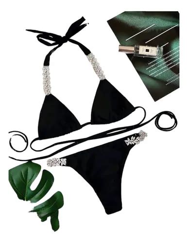Bikini Traje De Baño Negro Con Cristales 2 Piezas Sexy Cuotas sin