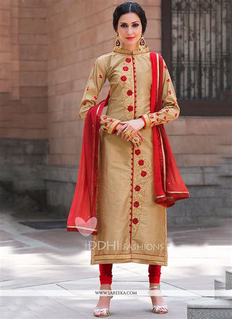 Buy Banarasi Silk Beige And Red Embroidered Work Churidar Designer Suit