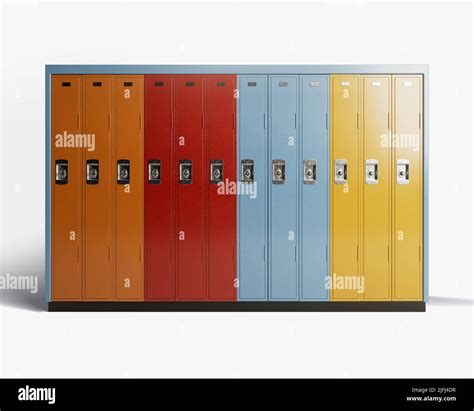 An Standalone Bank Of Colorful School Lockers On An Isolated White