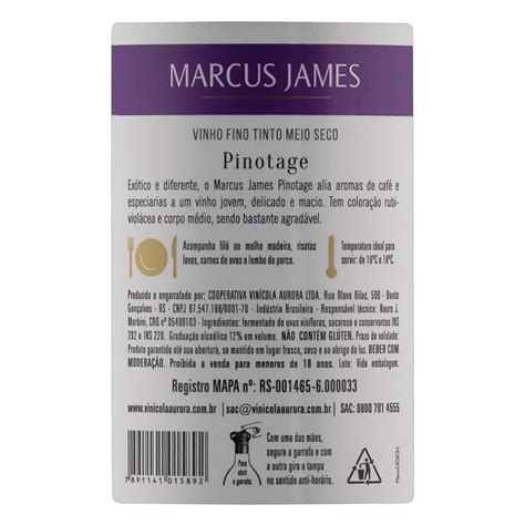 Vinho Brasileiro Tinto Meio Seco Marcus James Pinotage Serra Gaúcha