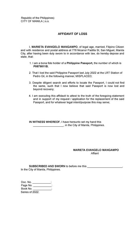 Affidavit Of Loss Of Passport Philippines