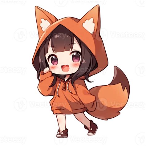 Cute Chibi Girl Wearing A Fox Hoodie AI Generative 33494350 PNG