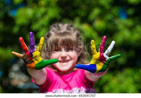 Little Girl Showing Painted Hands Focus Stock Photo 683045707