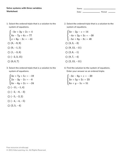 Systems Of Equations 3 Variables Worksheet