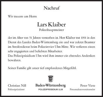 Traueranzeigen Von Lars Klaiber Schwaebische De Trauerportal