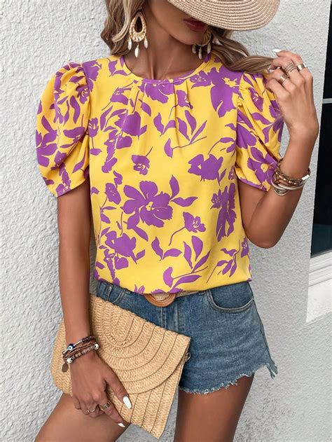 Shein Vcay Floral Print Puff Sleeve Blouse Shein Usa