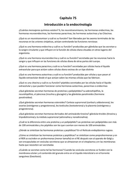 Cuestionario del capítulo 75 Introducción a la endocrinología Guyton