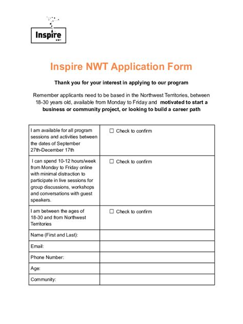 Fillable Online Inspire Nwt Application Form Fax Email Print Pdffiller