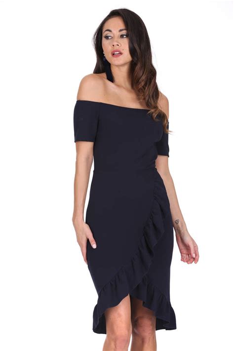 Navy Off The Shoulder Frill Detail Bodycon Dress Ax Paris