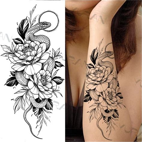 Kaikai Black Large Snake Flower Fake Tattoo Sticker For