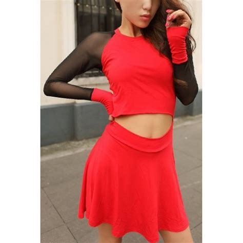 Stylish Women S Jewel Neck Hollow Out Mesh Splicing Dress Red Black