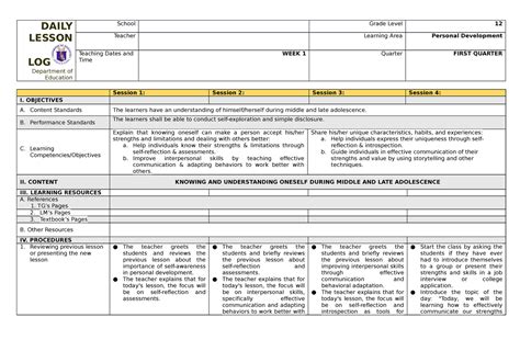 Perdev Q1 Week1 Dll Daily Lesson Log Department Of Education School Grade Level 12 Teacher