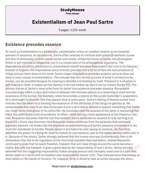 Existentialism Of Jean Paul Sartre Free Essay Example