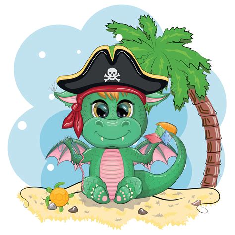 Cute cartoon green dragon pirate in a cocked hat. Symbol of 2024 ...