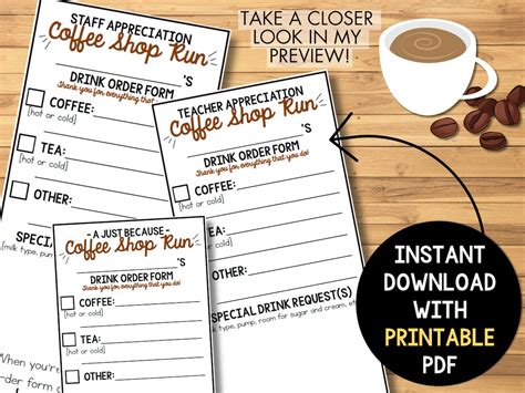 Coffee Shop Order Form Coffee Tea Teacher Staff Just Because