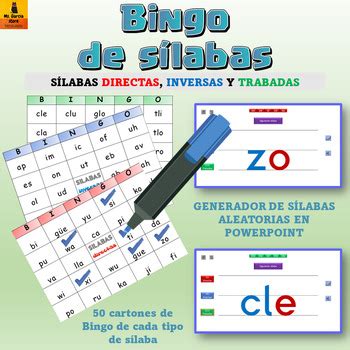 Bingo de Sílabas Inversas y Trabadas Spanish Bingo Syllables by Sra