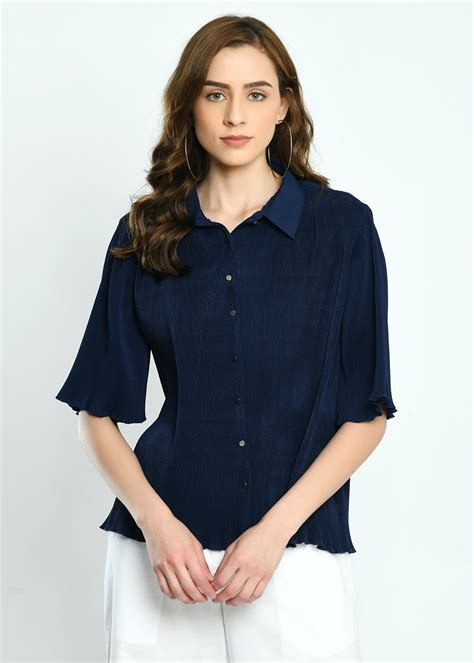 Get Navy Blue Full Pleated Shirt At Lbb Shop