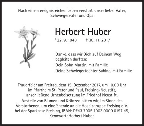 Traueranzeigen Von Herbert Huber Sz Gedenken De