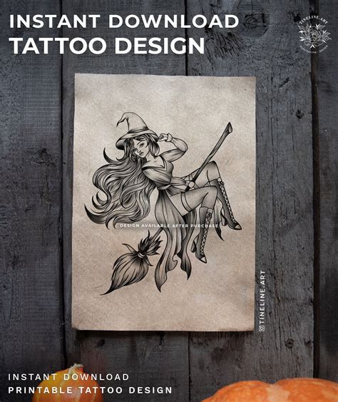 Tattoo Design Spooky Flying Witch on Broom Feminine,fineline Black/grey Instant Download and ...