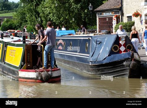 Working canal boats Grand Union Canal at Stoke Bruerne Northamptonshire ...