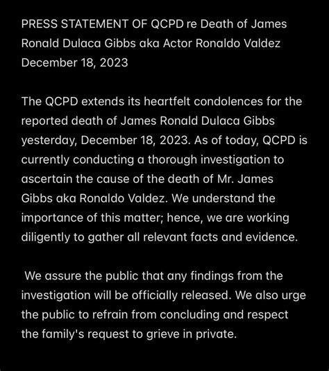 Qcpd Naglabas Ng Statement Tungkol Sa Pagpanaw Ni Ronaldo Valdez Balita