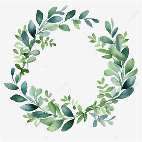 Watercolor Green Eucalyptus Leaves Circle Wreath Frame Watercolor