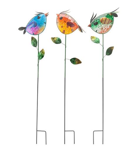 Colorful Metal And Glass Bird Garden Stakes Set Of Mother S Day