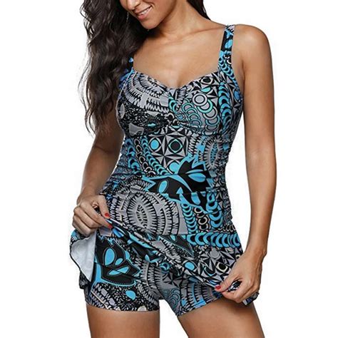 2019 New Plus Size Two Piece Swimsuit Tankini Print Swimwear Women Retro Swimdress Bathing Suit