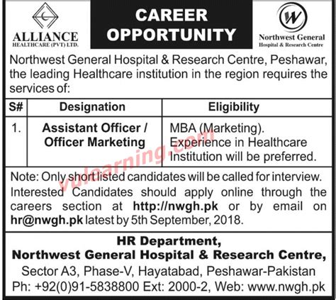 Northwest General Hospital Research Center Peshawar Job 2018 For