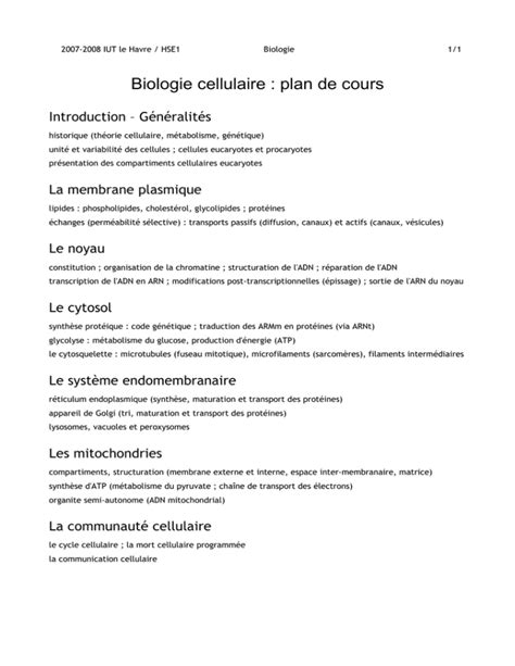 Biologie Cellulaire Plan De Cours