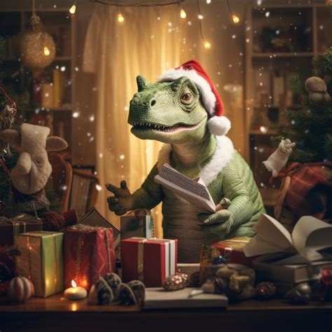 Premium Ai Image A Dinosaur Wearing A Santa Hat And Holding A Gift