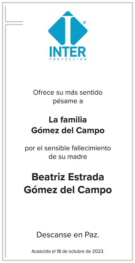 Señora Beatriz Estrada Gómez del Campo Obituario Esquela