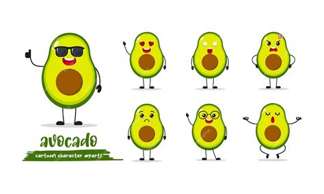 Premium Vector Cute Avocado Cartoon Wear Sunglasses With Many Expressions Fruit Different