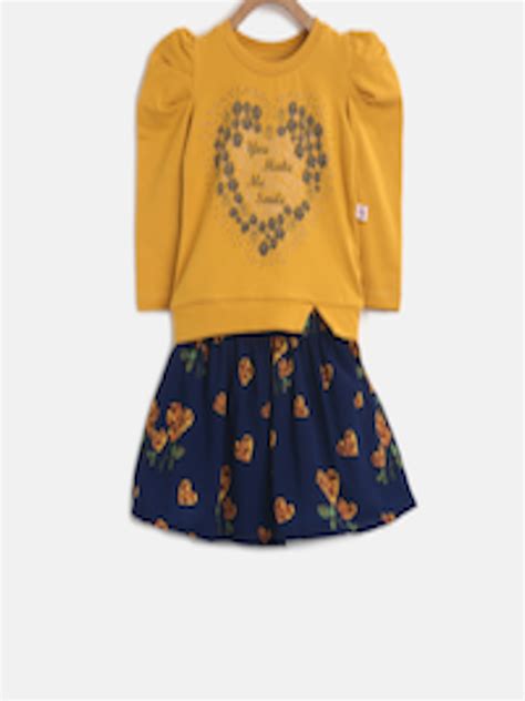 Buy Peppermint Girls Mustard Yellow And Navy Blue Printed Top With Skirt