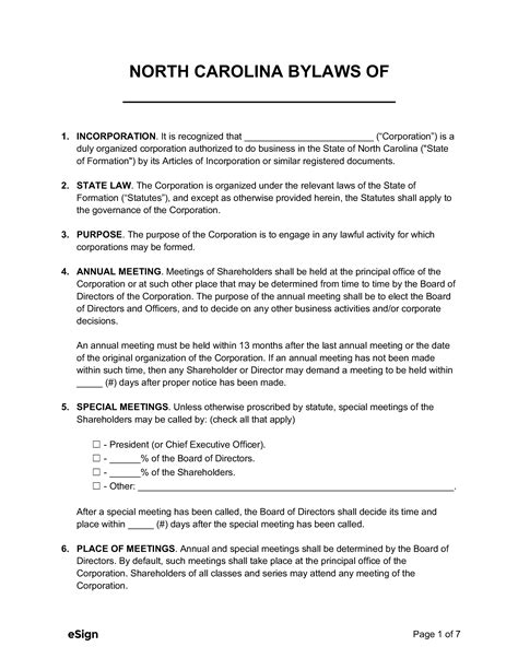 Free North Carolina Corporate Bylaws Template | PDF | Word