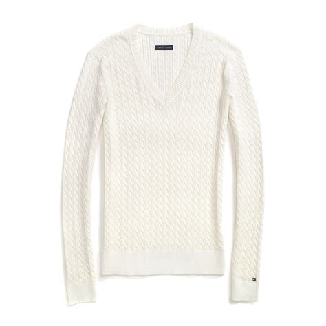 Tommy Hilfiger Classic V Neck Cable Knit Sweater In White Snow White Lyst