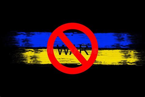 Ukrainian Flag With The Ban Sign Above It War On Black Stock