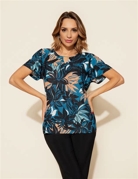 Blusa Eveline Folhagem Azul Le Dress