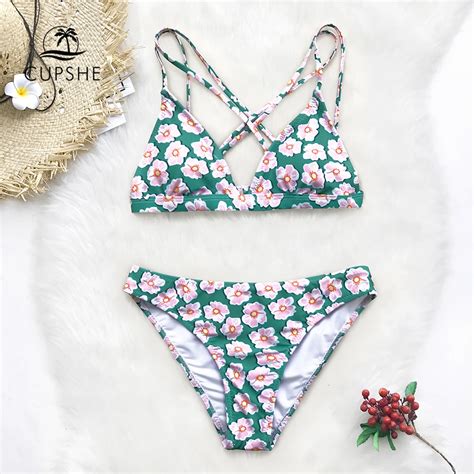 Cupshe Green And Pink Floral Bikini Sets Women Back Cross Boho Two