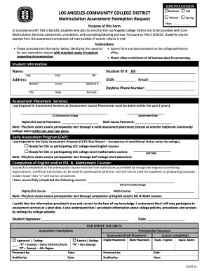 Fillable Online Elac Laccd Matric Assess Exemption Req Form B