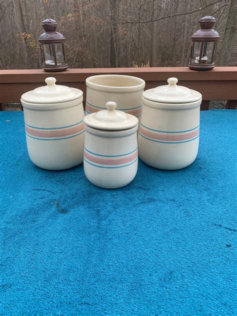 Vintage 1970s Mccoy Pink And Blue Striped Canister Set Etsy