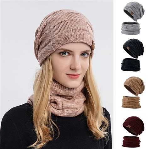 D Groee 2pcsset Winter Ribbed Edge Beanie Hat Scarf Set Woolen Yarn