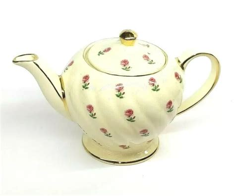 VINTAGE SADLER ENGLAND PINK ROSES TEAPOT TEA POT Gold Edge No 1513 34