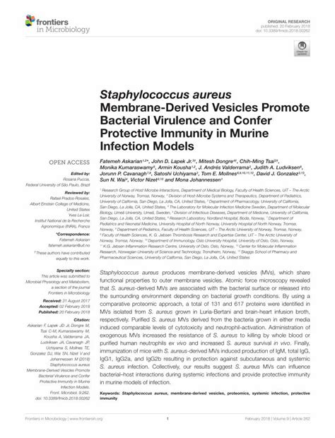 Pdf Staphylococcus Aureus Membrane Derived Vesicles Promote Nizetlab