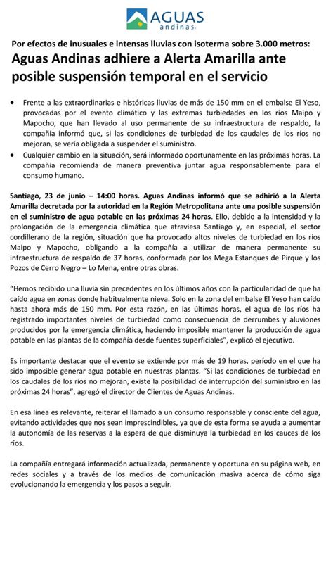 AgenciaUno On Twitter Aguas Andinas Se Adhiere A La Alerta Amarilla