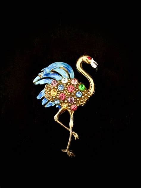 Antique Brooch Pin Flamingo Multi Color Rhinestones Enamel Etsy