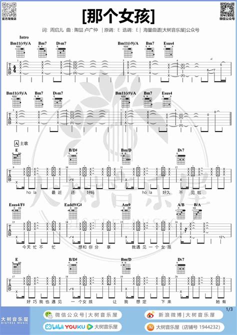那个女孩吉他谱陶喆卢广仲那个女孩e调指法弹唱教学视频 搜谱啦