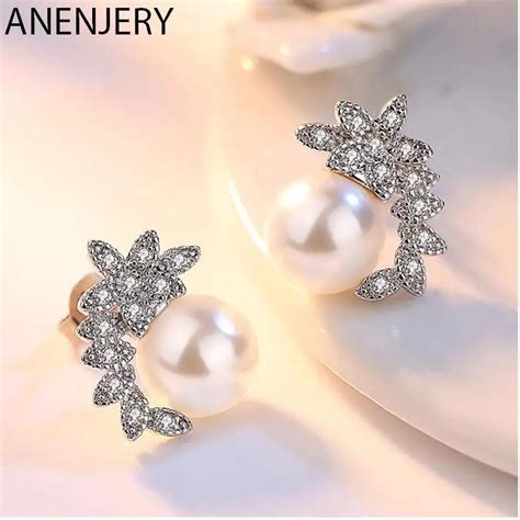 ANENJERY Silver Color Elegant AAAAA Zircon Angel Wings Stud Earrings